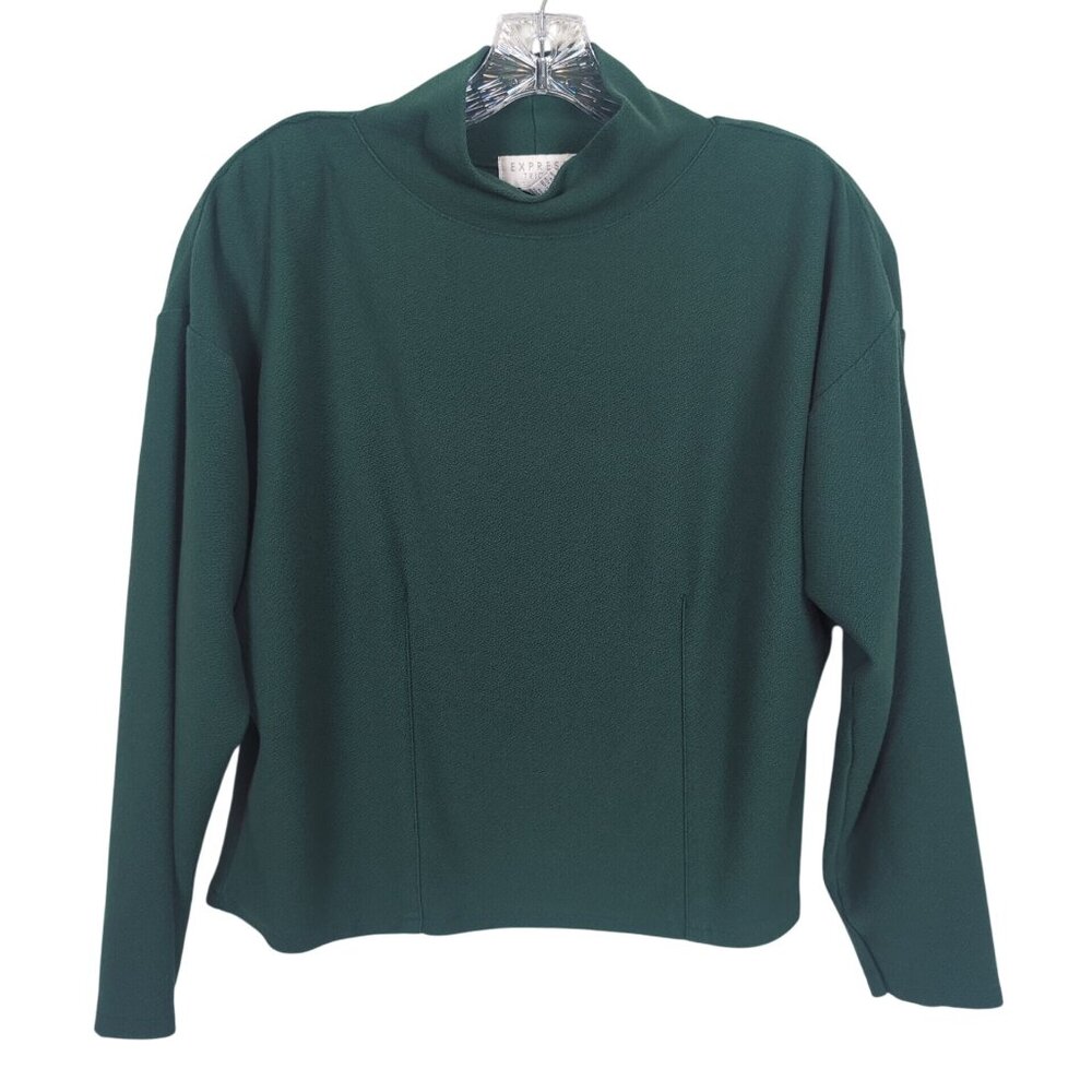 Vintage Express Tricot Mock Neck Crop Top Women’s Size L Green Long Sleeve
